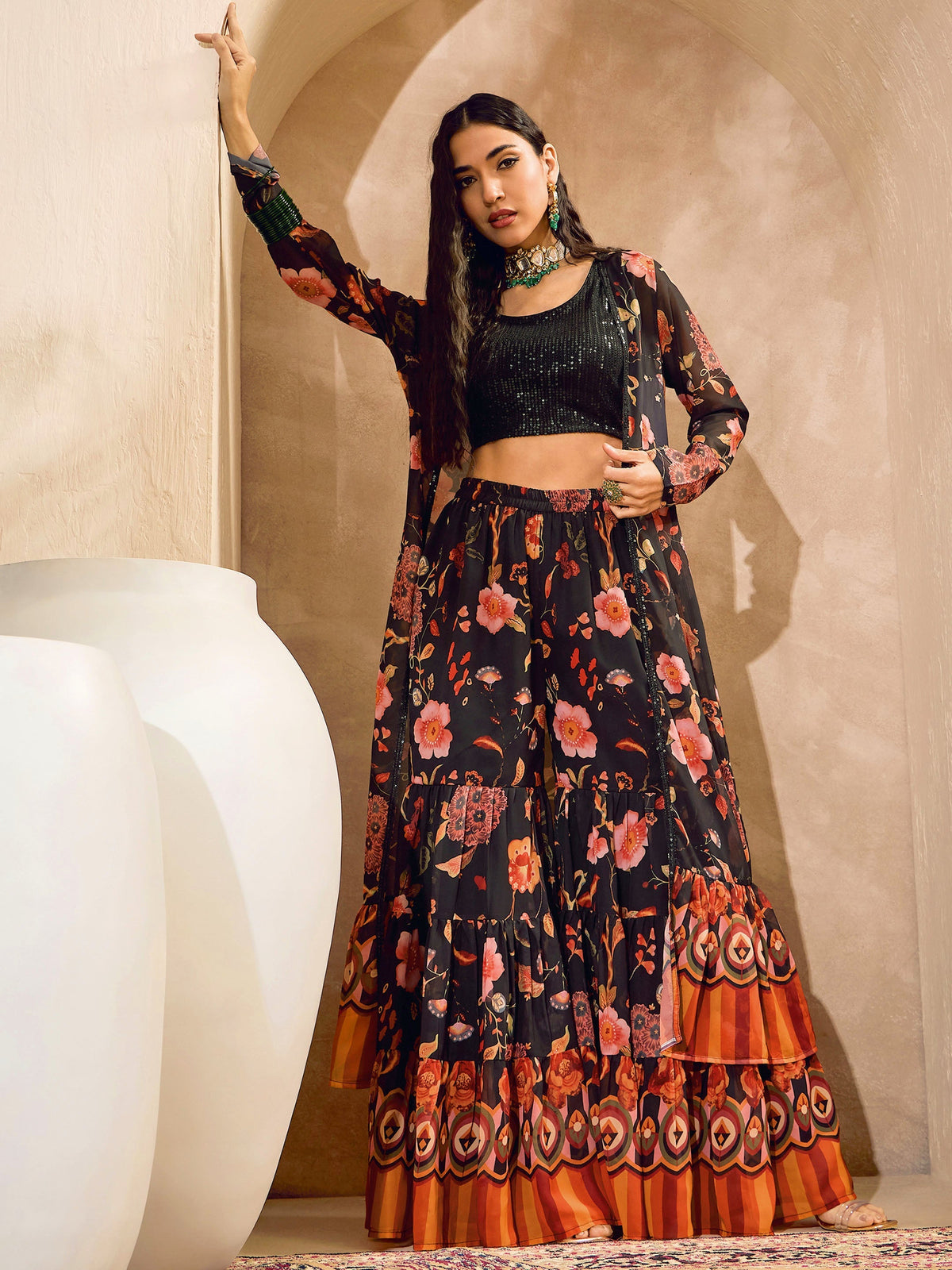 Women Black Sequins Crop Top With Floral Sharara And Shrug-SHSET96156