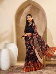 Women Black Sequins Crop Top With Floral Sharara And Shrug-SHSET96156