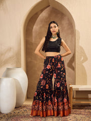 Women Black Sequins Crop Top With Floral Sharara And Shrug-SHSET96156