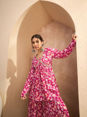 Women Red Floral Cambric Peplum Top With Sharara Pants-SHSET96157