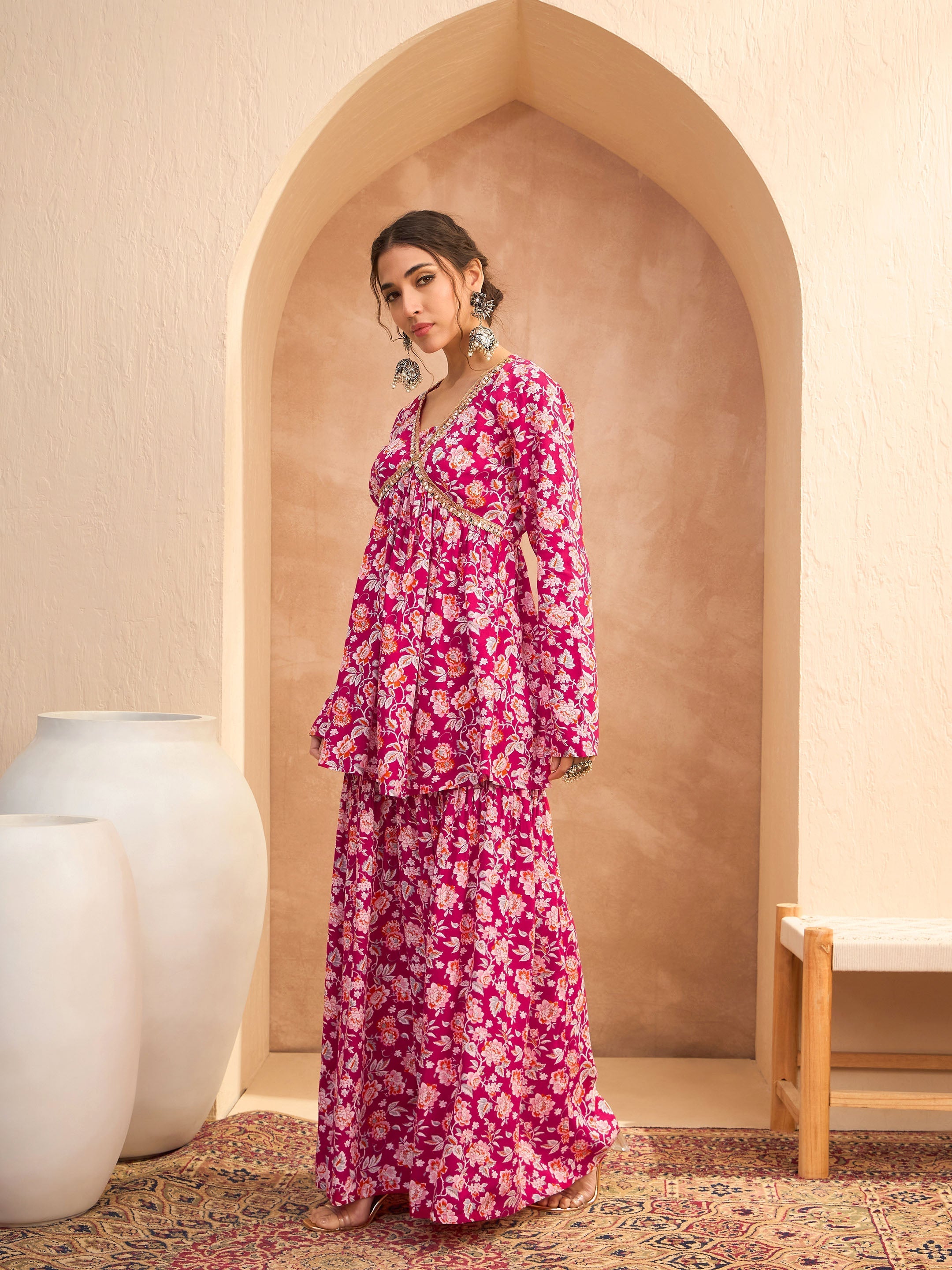 Women Red Floral Cambric Peplum Top With Sharara Pants-SHSET96157