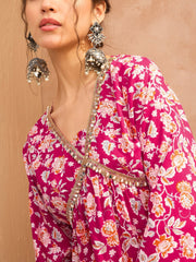 Women Red Floral Cambric Peplum Top With Sharara Pants-SHSET96157