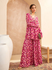 Women Red Floral Cambric Peplum Top With Sharara Pants-SHSET96157