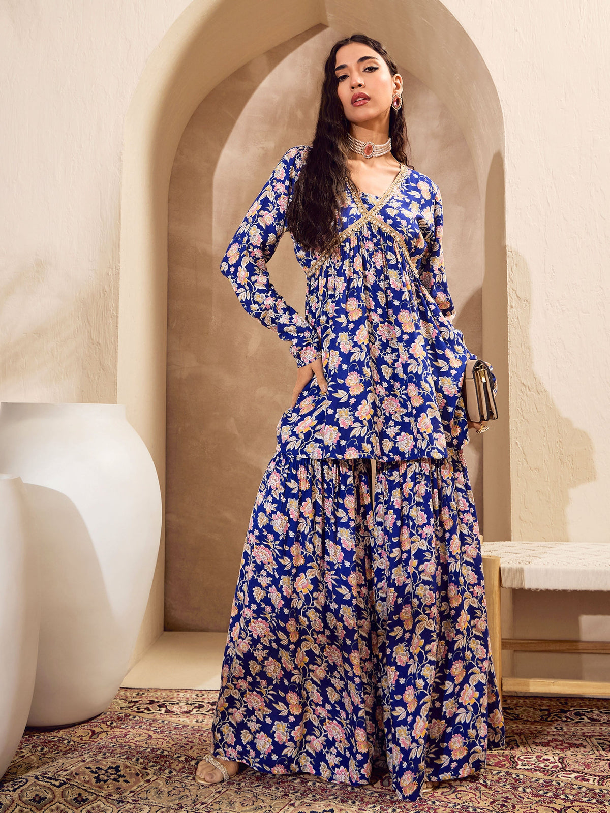 Women Blue Floral Cambric Peplum Top With Sharara Pants-SHSET96158