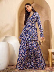 Women Blue Floral Cambric Peplum Top With Sharara Pants-SHSET96158