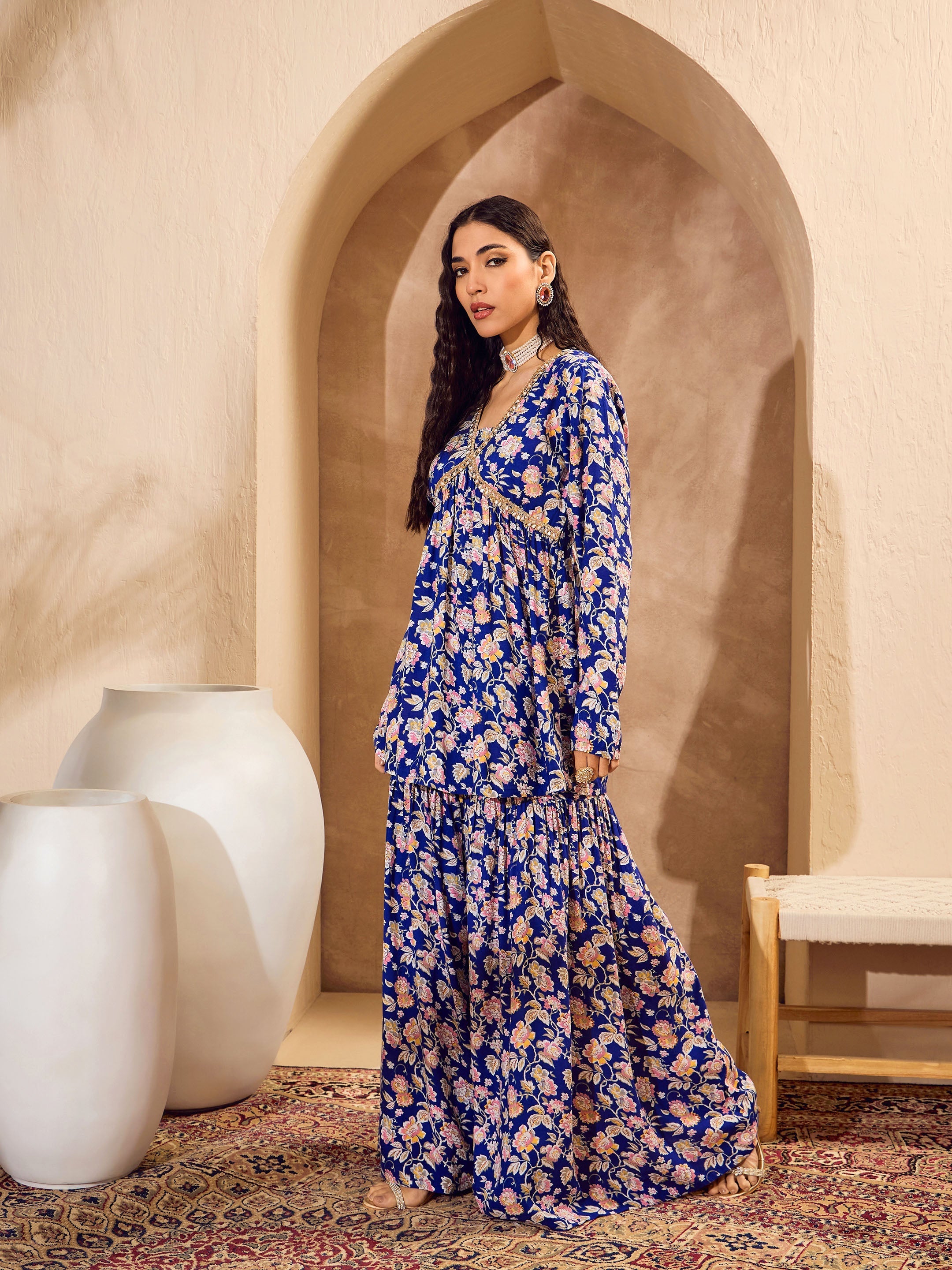 Women Blue Floral Cambric Peplum Top With Sharara Pants-SHSET96158