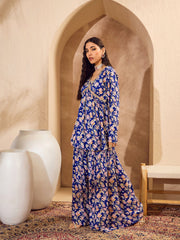 Women Blue Floral Cambric Peplum Top With Sharara Pants-SHSET96158