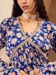 Women Blue Floral Cambric Peplum Top With Sharara Pants-SHSET96158