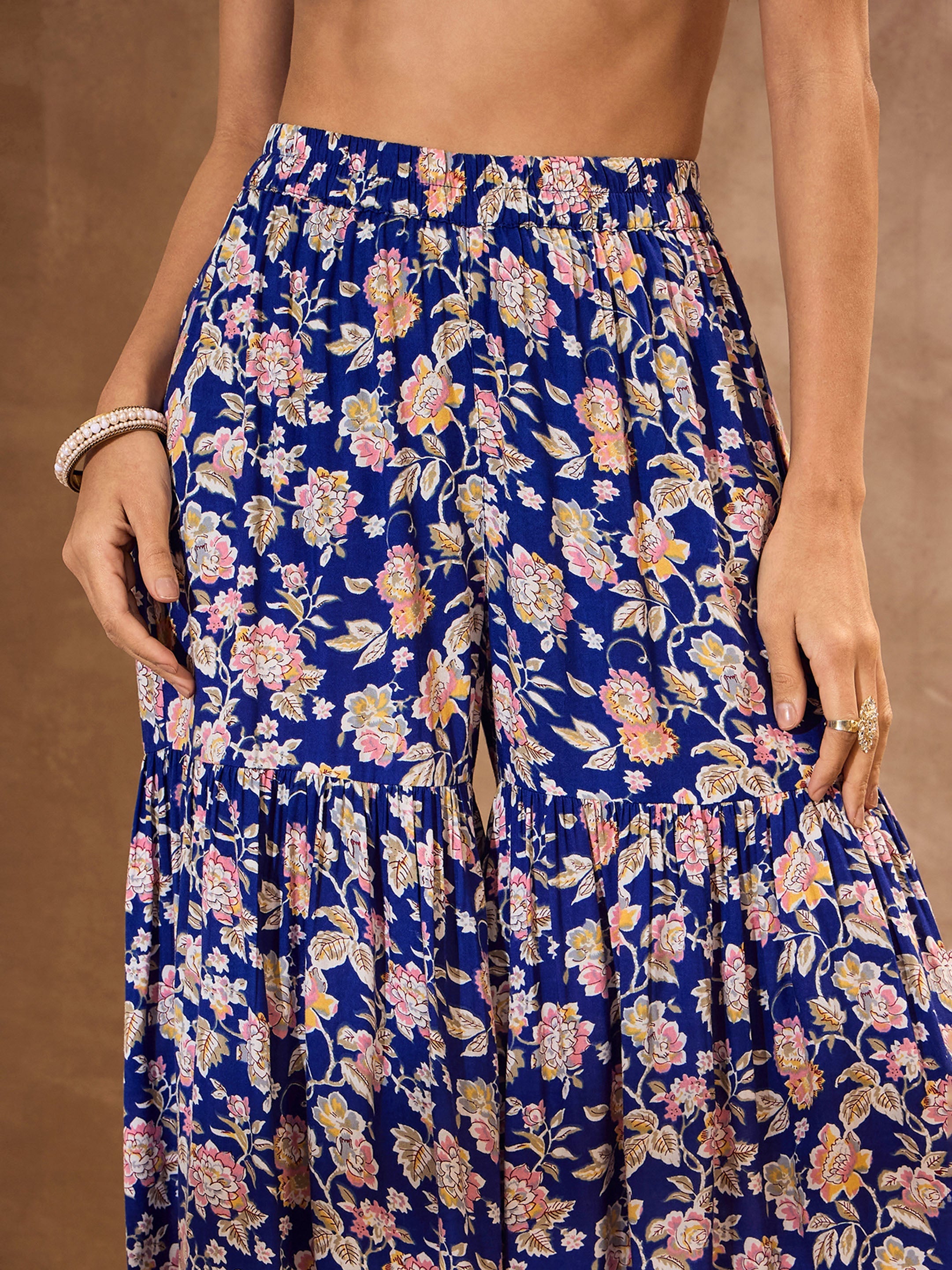 Women Blue Floral Cambric Peplum Top With Sharara Pants-SHSET96158
