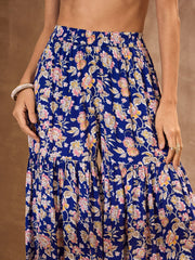Women Blue Floral Cambric Peplum Top With Sharara Pants-SHSET96158