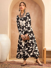 Women Black Floral Anarkali Kurta With Pencil Pants-SHSET96164