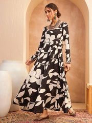 Women Black Floral Anarkali Kurta With Pencil Pants-SHSET96164