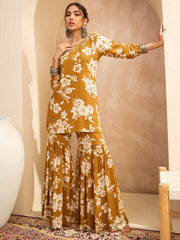 Women Mustard Floral Embroidered Kurta With Sharara Pants-SHSET96167