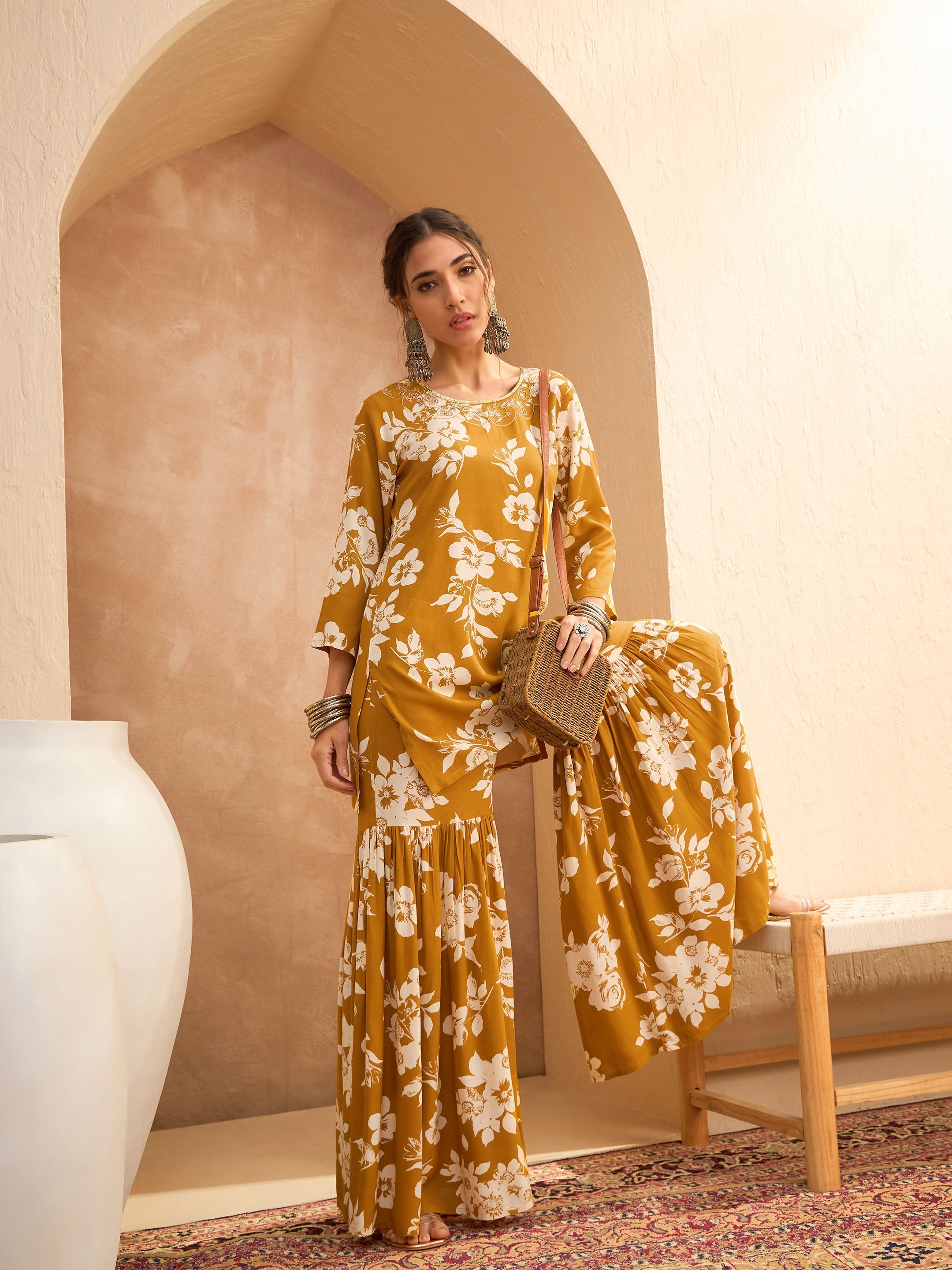 Women Mustard Floral Embroidered Kurta With Sharara Pants-SHSET96167