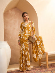 Women Mustard Floral Embroidered Kurta With Sharara Pants-SHSET96167