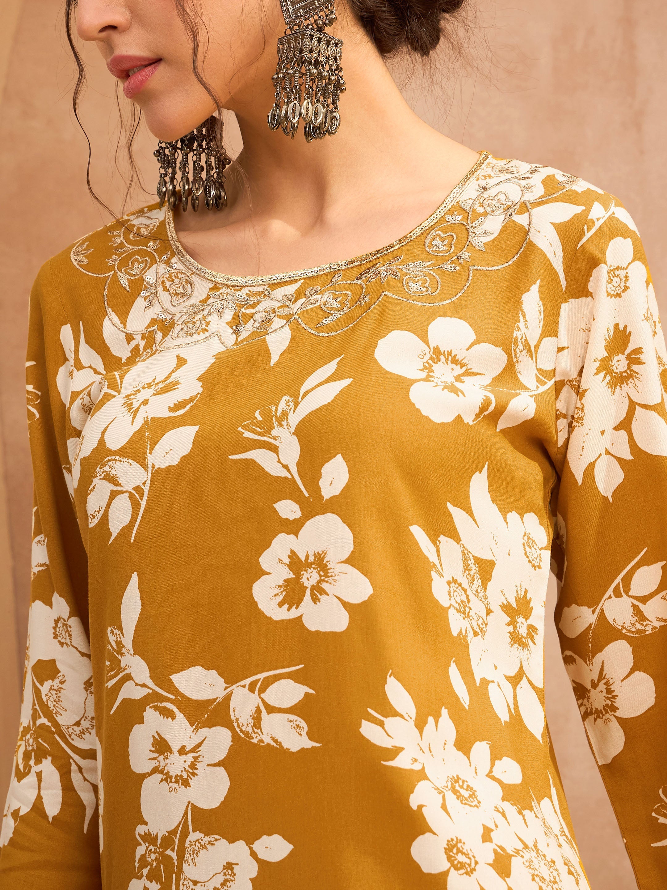 Women Mustard Floral Embroidered Kurta With Sharara Pants-SHSET96167