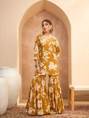 Women Mustard Floral Embroidered Kurta With Sharara Pants-SHSET96167