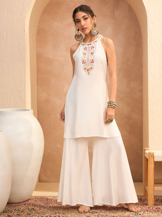 Women White Embroidered Halter Kurta With Palazzo Pants-SHSET96168 2160