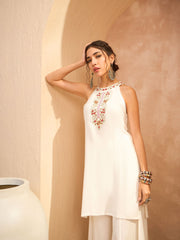 Women White Embroidered Halter Kurta With Palazzo Pants-SHSET96168