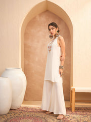 Women White Embroidered Halter Kurta With Palazzo Pants-SHSET96168