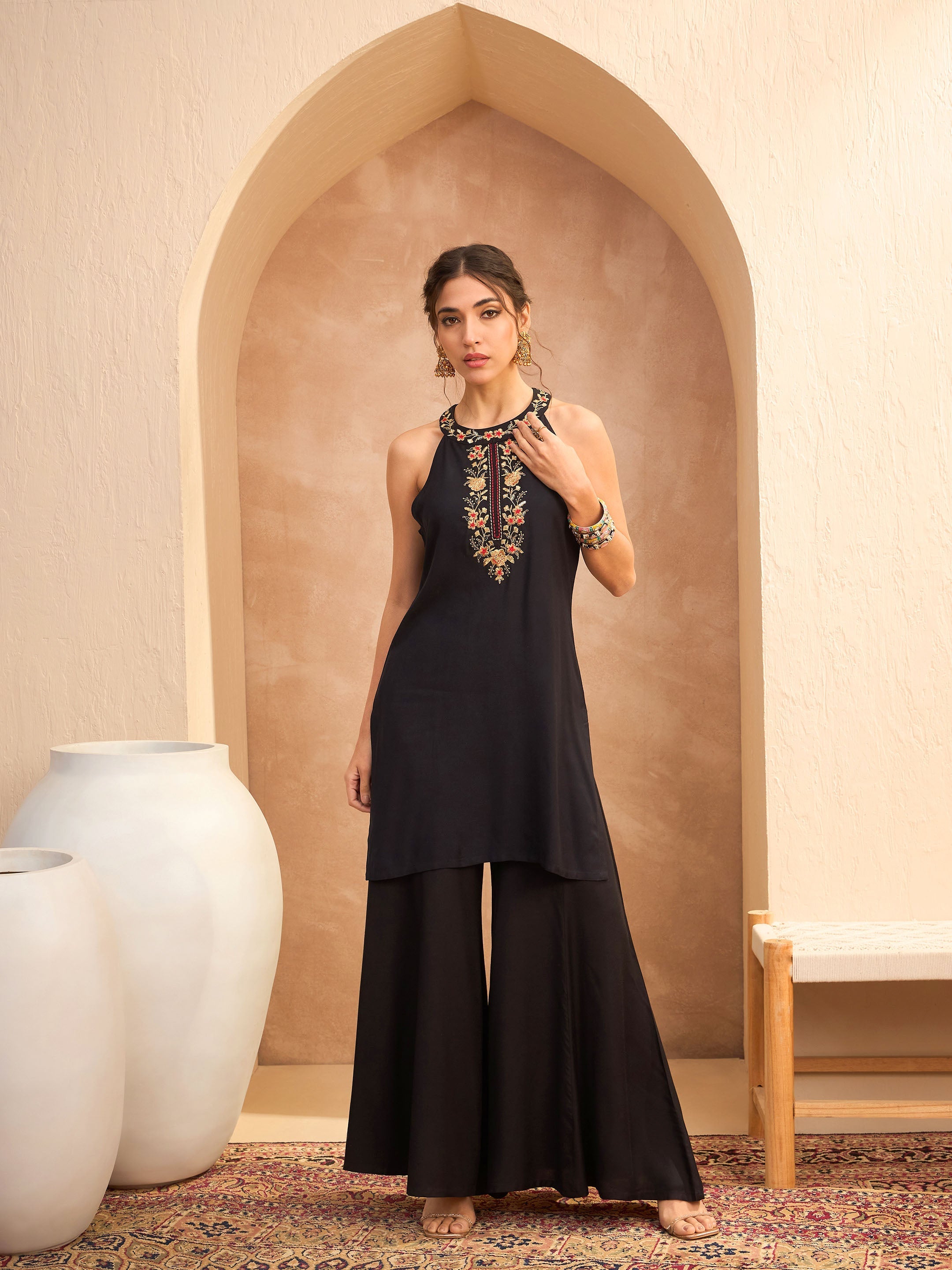 Women Black Embroidered Halter Kurta With Palazzo Pants-SHSET96169