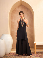 Women Black Embroidered Halter Kurta With Palazzo Pants-SHSET96169