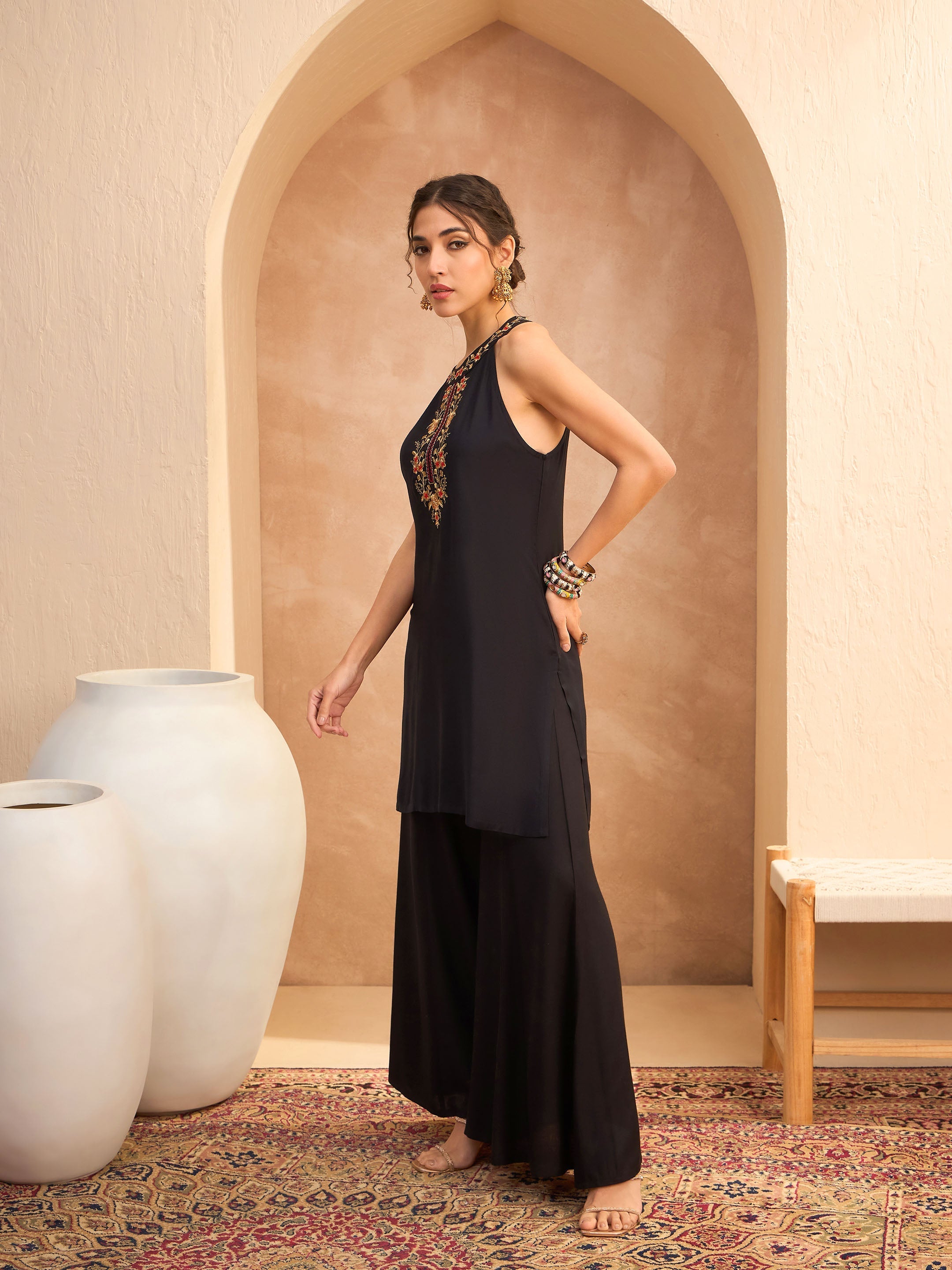 Women Black Embroidered Halter Kurta With Palazzo Pants-SHSET96169