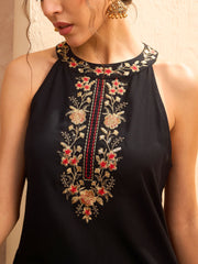 Women Black Embroidered Halter Kurta With Palazzo Pants-SHSET96169