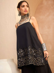 Women Black Embroidered Strappy Kurta With Palazzos-SHSET96170