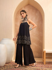 Women Black Embroidered Strappy Kurta With Palazzos-SHSET96170