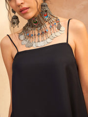 Women Black Embroidered Strappy Kurta With Palazzos-SHSET96170