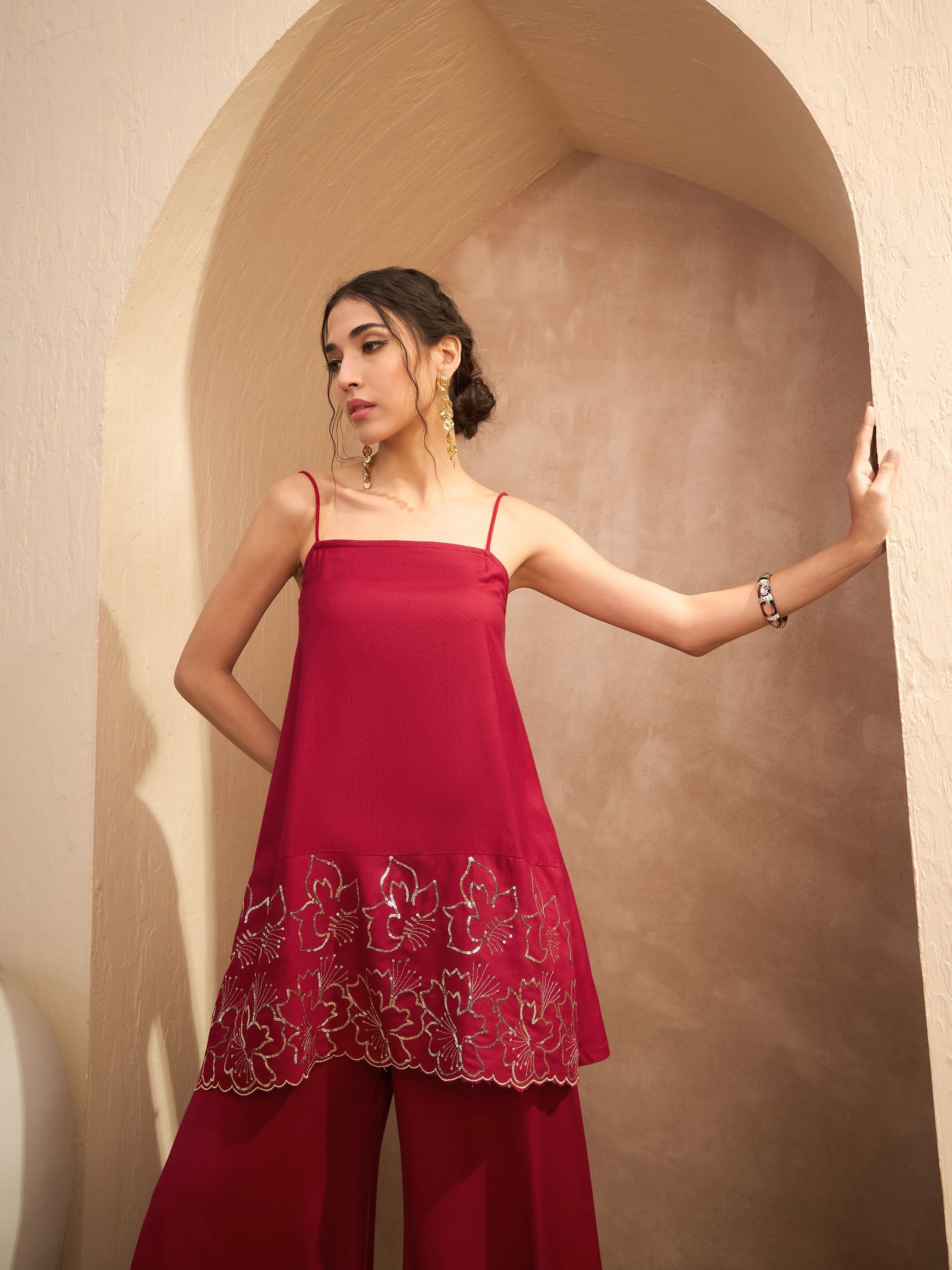 Women Maroon Embroidered Strappy Kurta With Palazzos-SHSET96171