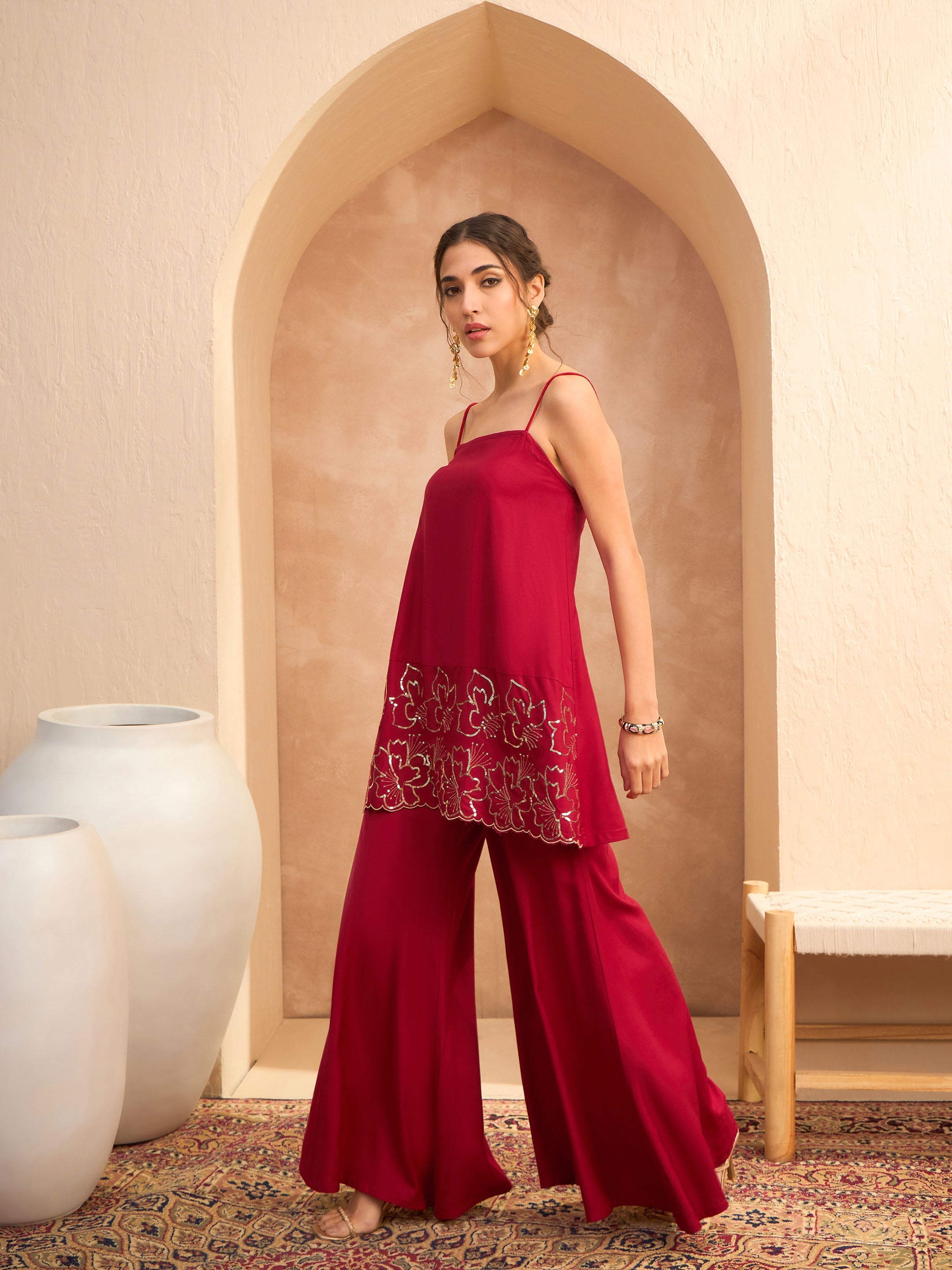 Women Maroon Embroidered Strappy Kurta With Palazzos-SHSET96171