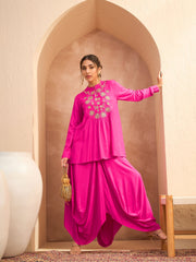 Women Fuchsia Embroidered Peplum Top With Dhoti Skirt-SHSET96172