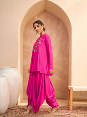 Women Fuchsia Embroidered Peplum Top With Dhoti Skirt-SHSET96172