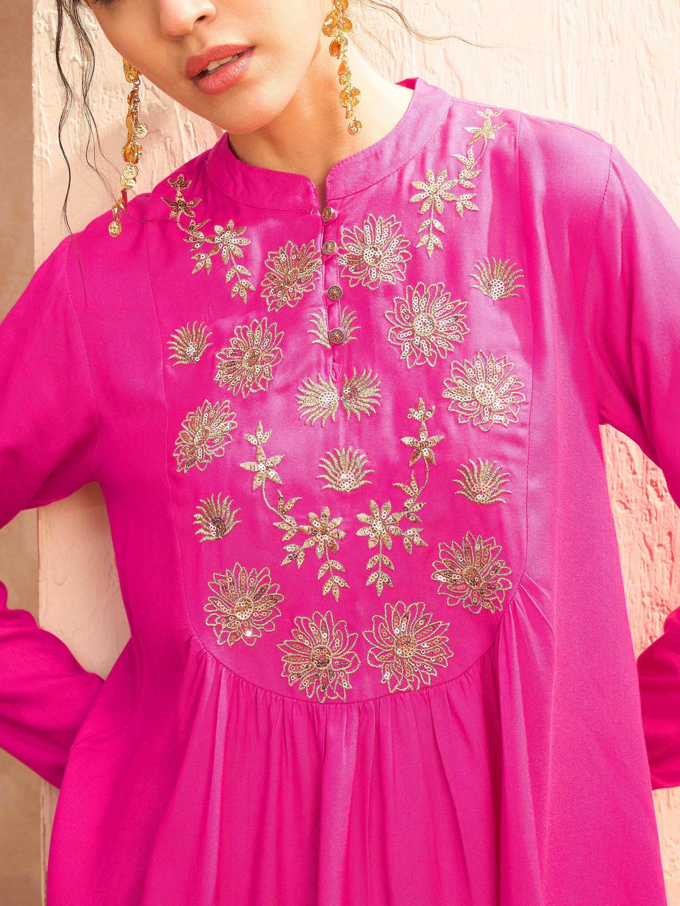 Women Fuchsia Embroidered Peplum Top With Dhoti Skirt-SHSET96172