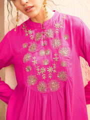 Women Fuchsia Embroidered Peplum Top With Dhoti Skirt-SHSET96172