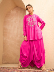 Women Fuchsia Embroidered Peplum Top With Dhoti Skirt-SHSET96172
