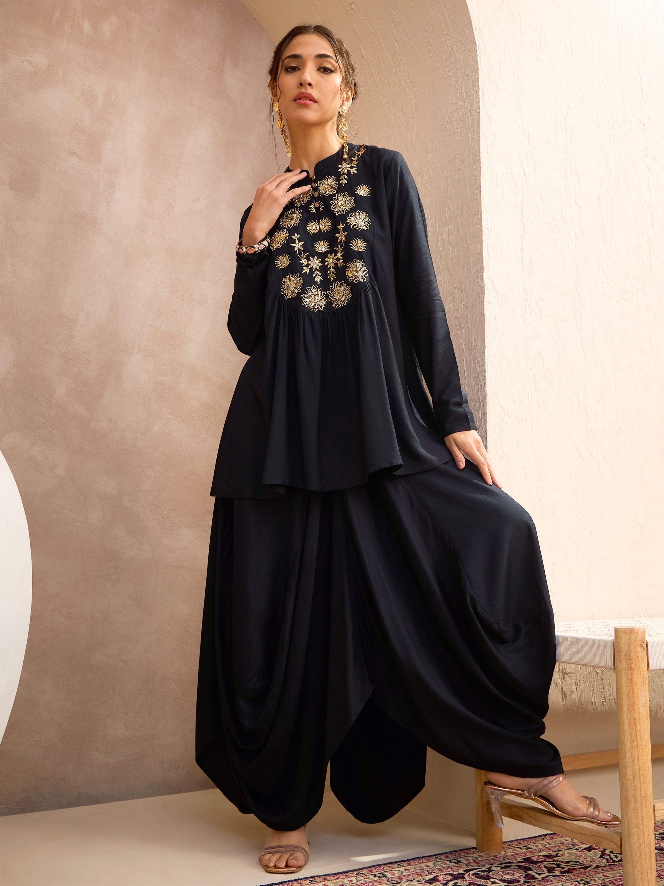Women Black Embroidered Peplum Top With Dhoti Skirt-SHSET96173
