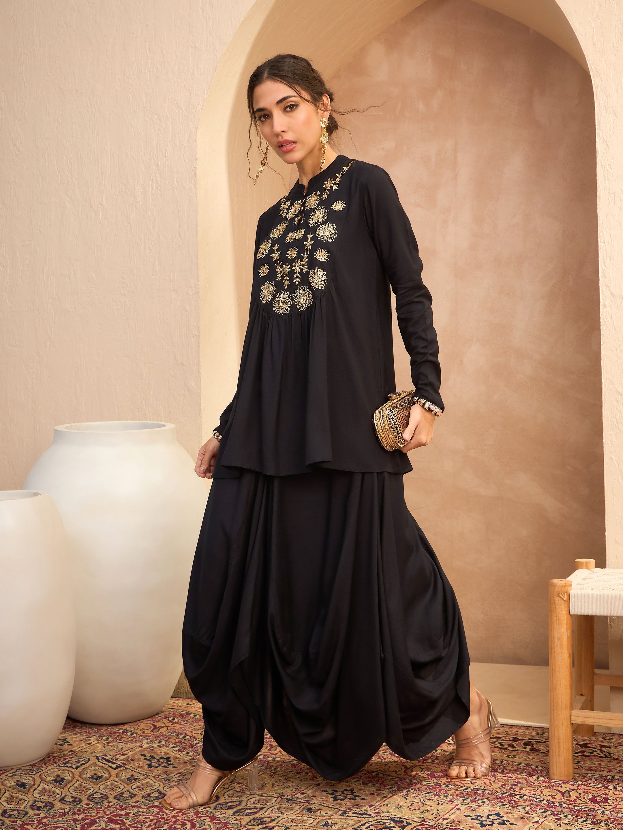Women Black Embroidered Peplum Top With Dhoti Skirt-SHSET96173