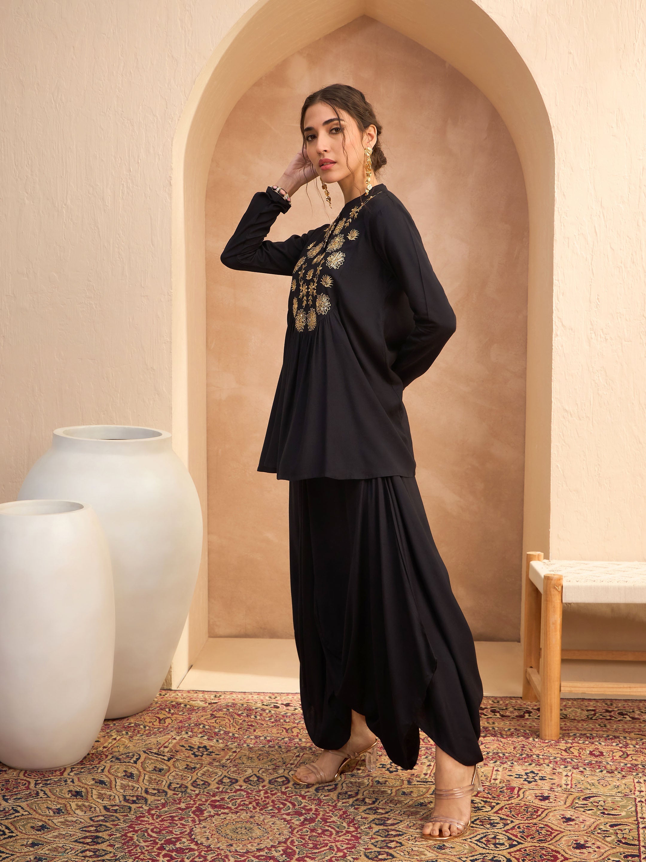 Women Black Embroidered Peplum Top With Dhoti Skirt-SHSET96173