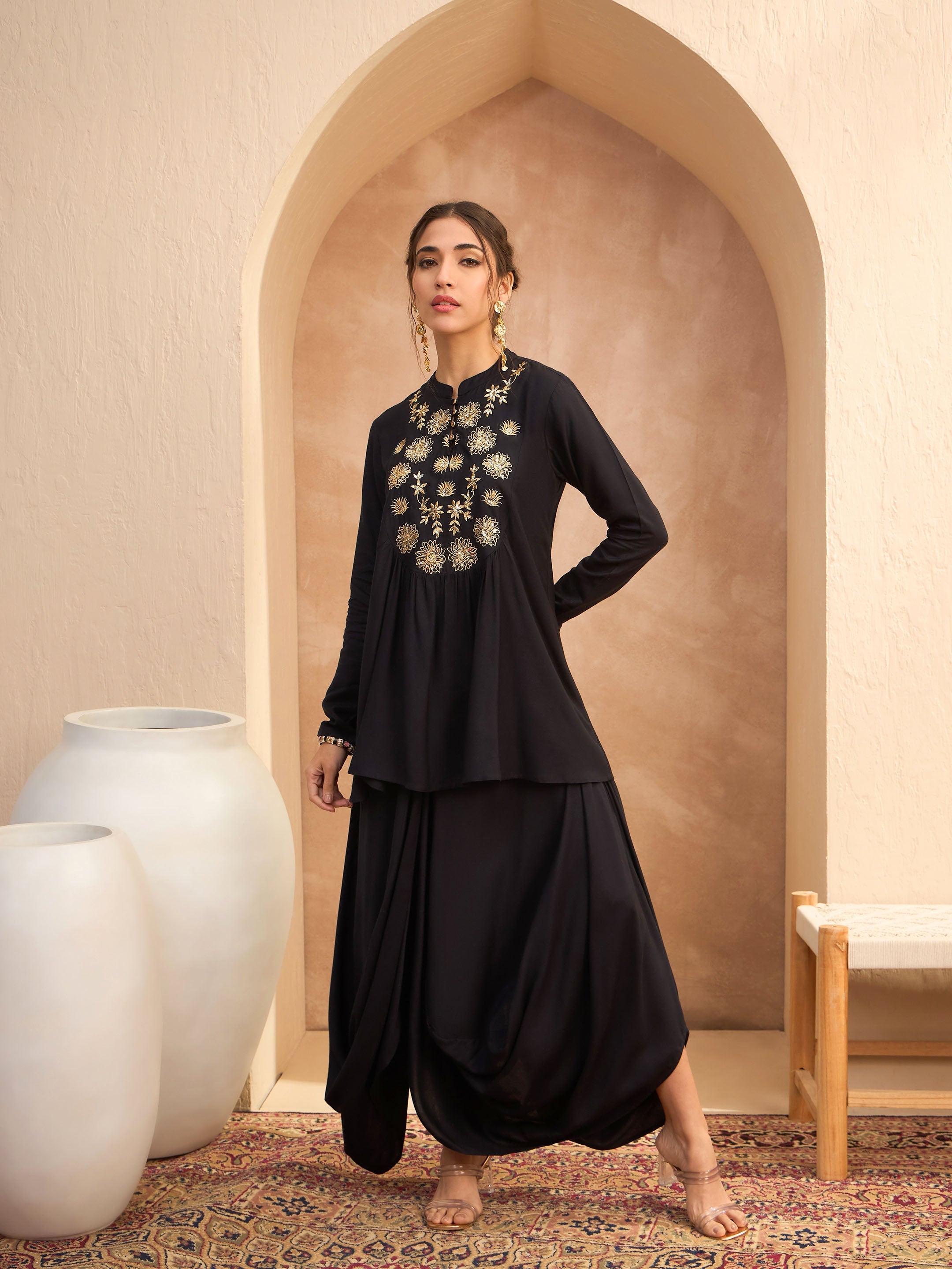 Women Black Embroidered Peplum Top With Dhoti Skirt-SHSET96173