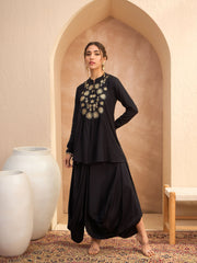 Women Black Embroidered Peplum Top With Dhoti Skirt-SHSET96173