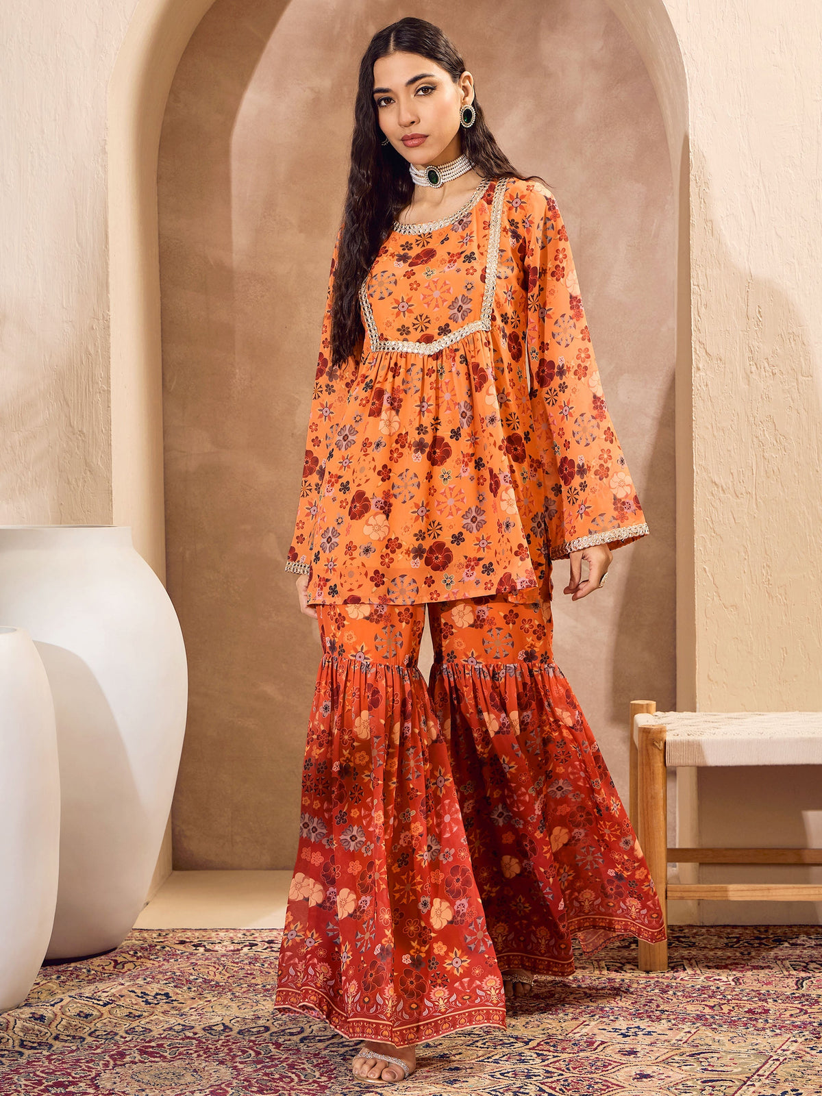 Women Orange Floral Short Kurta With Sharara Pants-SHSET96174