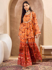 Women Orange Floral Short Kurta With Sharara Pants-SHSET96174