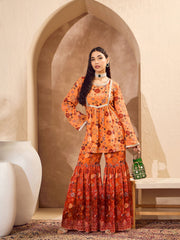 Women Orange Floral Short Kurta With Sharara Pants-SHSET96174