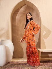 Women Orange Floral Short Kurta With Sharara Pants-SHSET96174