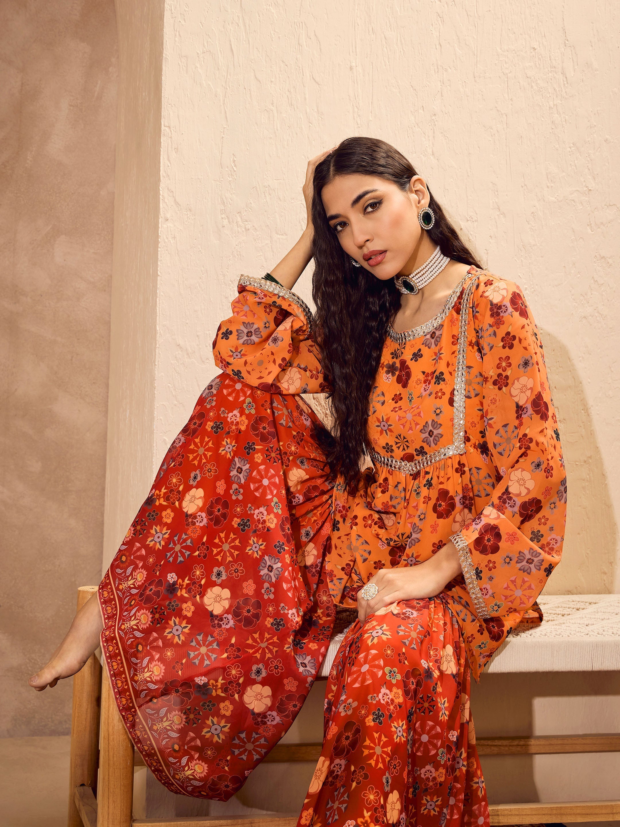 Women Orange Floral Short Kurta With Sharara Pants-SHSET96174