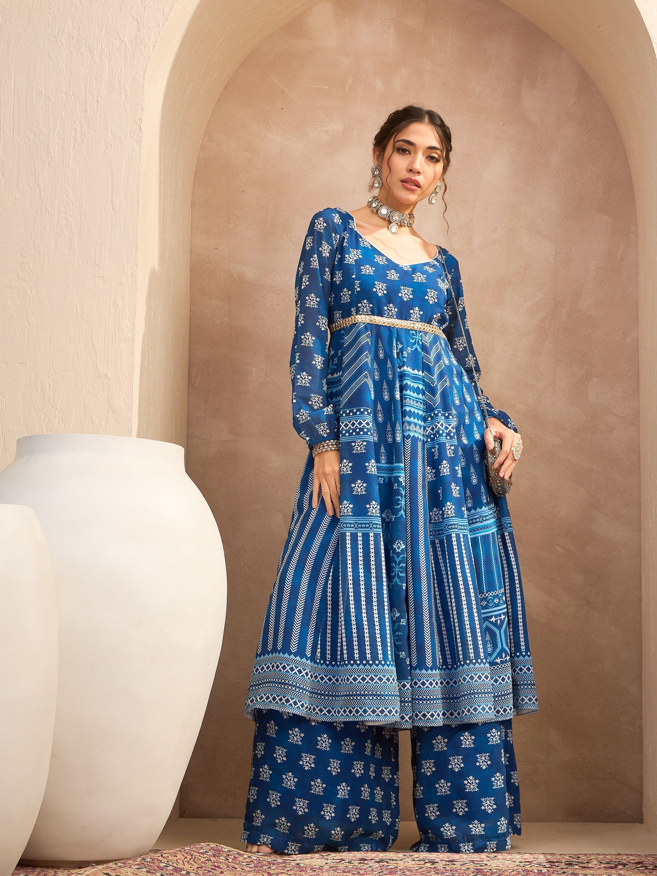 Women Blue Floral Sweetheart Neck Anarkali Kurta With Palazzos-SHSET96180