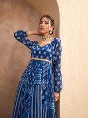 Women Blue Floral Sweetheart Neck Anarkali Kurta With Palazzos-SHSET96180